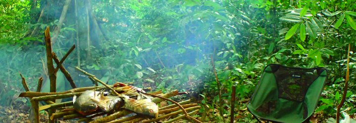 Picture of a jungle clearing with fish cooking on an open fire